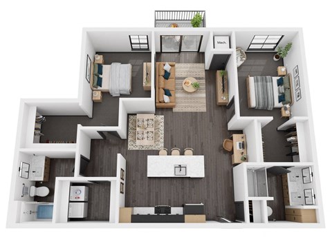 Floor plan for 2 beds, 2 baths, 1179 sqft